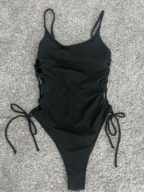 Black Ribbed One-Piece high hip cheeky Swimsuit with Side Tie Details
